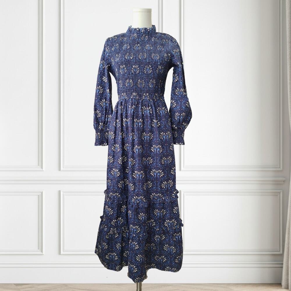 Pink City Prints Isabel Smocked Tiered Maxi Dress Small Midnight Vine Blue - Picture 2 of 10